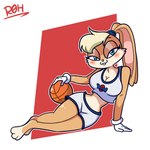 anthro ball basketball_(ball) basketball_uniform blonde_hair blue_eyes blush breasts buckteeth cleavage clothed clothing female gloves hair handwear looking_at_viewer simple_background smile solo sportswear tan_body teeth tune_squad_outfit uniform nosoyroh looney_tunes space_jam warner_brothers lola_bunny lagomorph leporid mammal rabbit 1:1 2022 digital_media_(artwork)