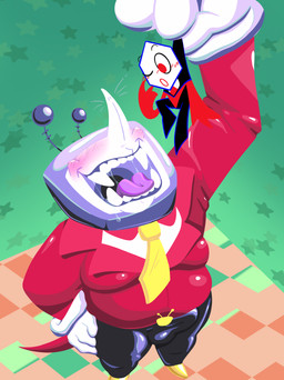 ambiguous_gender antenna_wire belt_buckle black_bottomwear black_clothing black_pants blush bodily_fluids bottomwear buckle bulge clothing drooling duo electronics erection fangs floor footwear for_a_head gloves handwear male necktie open_mouth overweight pants pink_tongue red_clothing red_suit saliva screen screen_face sharp_teeth shoes suit teeth television tile tile_floor tongue tongue_out vore whiskers white_clothing white_face white_gloves white_handwear yellow_clothing yellow_footwear yellow_necktie yellow_shoes supersponger deltarune undertale_(series) tenna_(deltarune) animate_inanimate darkner humanoid object_head pippins_(deltarune) screen_head tv_head absurd_res hi_res