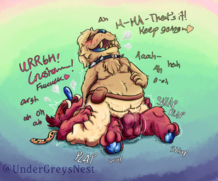 accessory air_puff andromorph andromorph/male anthro arched_back ball_slap balls blue_nose blue_paws blue_tongue blush canon_x_oc cheek_tuft chest_tuft close_to_bursting collar curling_toes dialogue duo encouragement eyes_closed facial_hair facial_tuft feet fluffy fluffy_chest fur genitals grabbing_both_legs grabbing_both_thighs gradient_background gradient_fur head_tuft heart_symbol intersex intersex/male leg_grab looking_pleasured lying male mohawk motion_lines mustache necktie on_back on_bottom on_top onomatopoeia open_mouth ostomy overbite pawpads paws penetration penile penile_penetration penis_in_vagina red_body red_fur reverse_cowgirl_position sex simple_background slap slightly_chubby sound_effects spiked_collar spikes tan_body tan_fur text thigh_grab thrusting tongue tuft tusks underbite vaginal vaginal_penetration vulva undergreysnest bugsnax young_horses cromdo_face fan_character grumpus 2024 colored dated shaded signature watermark trans_(lore) trans_man_(lore)