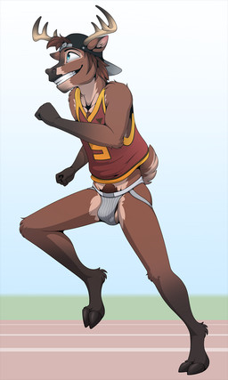 5_fingers anthro antlers arm_tuft arms_bent backwards_baseball_cap backwards_hat ball_slip balls barefoot baseball_cap bent_leg biped black_antlers black_baseball_cap black_body black_clothing black_ear_tips black_eyebrows black_feet black_fur black_hands black_hat black_headwear black_hooves black_horn black_horn_tip black_markings black_nose black_tuft blue_eyes blue_sky brown_body brown_ears brown_fur brown_hair brown_pubes brown_tail brown_tuft bulge casual_exposure chest_tuft clothed clothed_anthro clothed_male clothing cloven_hooves colored_seam_clothing competition_number countershade_balls countershade_crotch countershade_face countershade_fur countershade_genitalia countershade_legs countershade_neck countershade_snout countershade_tail countershade_thighs countershade_torso countershading day dipstick_ears dipstick_horn ear_markings elbow_tuft eye_markings eyebrows feet fingers fist foot_tuft front_view fur fur_markings fur_tuft genitals gloves_(marking) gradient_antlers gradient_ears gradient_fur gradient_horn gradient_sky grey_clothing grey_jockstrap grey_underwear grin hair hair_through_hat hat headgear headwear heel_tuft hooved_plantigrade hooved_toes hooves horn humanoid_hands inner_ear_fluff iris jersey jockstrap knee_tuft leg_markings leg_tuft male male_anthro markings multicolored_antlers multicolored_body multicolored_ears multicolored_fur multicolored_horn multicolored_tail number number_on_clothing number_on_jersey number_on_topwear number_print outside pantsless pantsless_anthro pantsless_male partially_clothed pink_inner_ear plantigrade print_clothing print_jersey print_topwear pubes pupils red_clothing red_jersey red_shirt red_tank_top red_topwear running scut_tail shirt short_hair short_tail side_balls sky slim slim_anthro slim_male smile snout socks_(marking) solo straight_leg tail tan_antlers tan_balls tan_body tan_countershading tan_fur tan_horn tan_inner_ear_fluff tan_markings tan_tail tan_tuft tank_top teeth three-quarter_view topwear track_and_field tuft two_tone_antlers two_tone_horn two_tone_tail underwear white_sclera white_sky yellow_seam_clothing granitemcgee deer mammal 3:5 full-length_portrait hi_res portrait