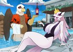 alcohol anthro beverage big_breasts breasts clothing crown curvy_figure duo female hair headgear holding_beverage holding_object huge_breasts in_pool long_hair male mature_female one-piece_swimsuit pink_hair sitting swimming_pool swimwear wine zwitterkitsune helluva_boss mythology grimm_tales stella_(helluva_boss) avian gryphon mythological_avian mythological_creature 2022