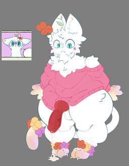 4_fingers anklet blue_eyes blush blush_lines bodily_fluids claws clothing cum cum_drip dripping finger_claws fingers flower flower_anklet fluffy fur genital_fluids genitals gloom_lines head_flower huge_thighs jewelry knot knotted_penis male overweight overweight_male penis plant solo sweater tail teal_eyes thick_thighs toe_claws topwear white_body white_fur wide_hips viahonie fabulous_beasts shanque_(fabulous_beasts) felid feline mammal absurd_res hi_res reference_image