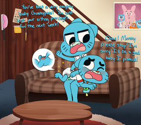 ageplay anthro bodily_fluids butt_slap clothing diaper duo female furniture infantilism male male/female pacifier punishment regression roleplay shirt slap sofa spanking tears text topwear young young_anthro young_male tenerius cartoon_network the_amazing_world_of_gumball gumball_watterson nicole_watterson domestic_cat felid feline felis mammal hi_res
