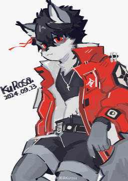 anthro belt biped black_hair bottomwear chest_tuft cjk_character clothed clothed_anthro clothed_male clothing coat crop_top cross cross_necklace fur grey_body grey_fur hair half-closed_eyes humanoid_hands jewelry male male_anthro midriff narrowed_eyes necklace red_eyes shirt shorts simple_background solo tail text topwear tuft white_background k_ffc901 felid mammal 2024 absurd_res artist_name chinese_description dated digital_media_(artwork) hi_res