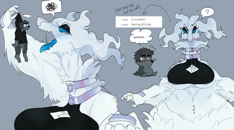 anthro big_breasts blue_eyes blush bodily_fluids breasts clothing duo female female_pred floppy_ears fur imminent_oral_vore imminent_vore larger_female long_neck looking_at_viewer male male/female micro nipples open_mouth saliva short_tail simple_background size_difference smaller_male tail teeth text tight_clothing tongue tongue_out topwear under_boob white_body white_fur goonie-san kubasama nintendo pokemon goon_(goonie_san) canid canine canis domestic_dog generation_5_pokemon legendary_pokemon mammal pokemon_(species) reshiram absurd_res digital_media_(artwork) hi_res