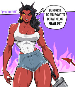 big_breasts black_hair bottomwear breasts clothing collarbone denim denim_bottomwear denim_clothing denim_shorts dialogue ear_piercing eyebrows eyelashes female hair horn humanoid_pointy_ears leotard melee_weapon muscular not_furry piercing pointy_ears red_body red_skin shorts smile solo spade_tail sword tail text weapon yellow_sclera pixiqueenie dispatch malevola_gibb demon demon_humanoid humanoid 2025 english_text