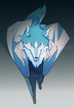 anthro biped black_nose blue_body blue_fur bottomwear clothed clothing coat fur high-angle_view male multicolored_body multicolored_fur simple_background solo standing topwear trenchcoat white_body white_fur polinagribova brand_new_animal studio_trigger shirou_ogami canid canine canis mammal wolf 2020 chromatic_aberration digital_media_(artwork) hi_res