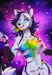 5_fingers anthro black_nose breasts female fingers fur mind_control nipples nude piercing solo spiral_eyes white_body white_fur hihikori calypso_tayro canid canine mammal hi_res