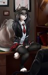 2016 4_toes anthro blue_eyes bottomwear canid canine canis claws clothed clothing detailed_background digital_media_(artwork) digitigrade dragonfu feet femboy fur furniture grey_(greywolf570) hair leg_warmers legwear long_hair looking_at_viewer male male_(lore) mammal on_table pattern_bottomwear pattern_clothing pattern_skirt plaid plaid_bottomwear plaid_clothing plaid_skirt school_uniform seductive shaded sitting_on_desk skirt solo student table toe_claws toes uniform wolf