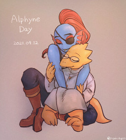anthro anthro_on_anthro barefoot big_breasts blue_body blue_scales boots bottomwear breasts buckteeth claws clothed clothing coat denim denim_bottomwear denim_clothing duo eye_patch eyes_closed eyewear feet female female/female fin footwear front_view fully_clothed glasses hair head_fin hug jeans lab_coat non-mammal_breasts on_lap overbite pants ponytail red_hair romantic romantic_couple scales sharp_teeth shirt shoes simple_background sitting smile tail tank_top teeth text thick_tail topwear yellow_body yellow_scales yuzuki_fang111 undertale undertale_(series) alphys undyne aquatic fish lizard reptile scalie english_text hi_res signature