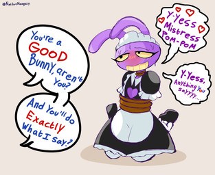 anthro aroused aroused_smile bdsm blush bodily_fluids bondage bound clothed clothing crossdressing dialogue eyelashes kneeling long_eyelashes maid_headdress maid_uniform male offscreen_character petplay restraints roleplay rope rope_bondage solo sweat sweatdrop uniform missnatzooie glitch_productions the_amazing_digital_circus jax_(tadc) pomni_(tadc) lagomorph leporid mammal rabbit hi_res