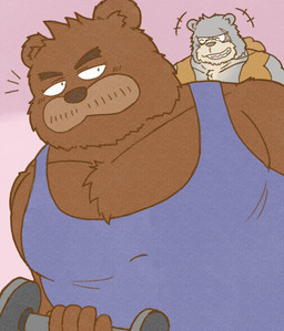 anthro blush brown_body brown_fur clothing duo exercise eyes_closed fur grey_body kemono male overweight overweight_male scar shirt topwear workout yajyu kumalino sanrio brew_(kumalino) roast_(kumalino) bear mammal 2022 hi_res