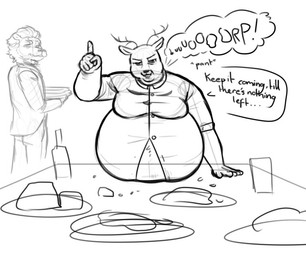 anthro bloated burping dialogue furniture male moobs obese obese_male overweight overweight_male stuffing table text sodiux beastars louis_(beastars) deer felid lion mammal pantherine monochrome