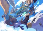 anthro biped blonde_hair blue_body blue_feathers extreme_sports feathers flying group hair male paraglider paragliding sky white_body white_feathers lan_rizardon breath_of_the_wild nintendo the_legend_of_zelda kass_(tloz) link revali teba_(tloz) avian bird ghost humanoid hylian rito spirit 2021 digital_media_(artwork)