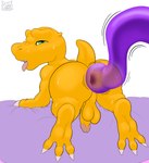 3_toes agumon anal anal_penetration anthro balls bandai_namco bed bodily_fluids digimon digimon_(species) feet fennephilim_fox furniture genitals green_eyes hi_res humanoid_genitalia humanoid_penis looking_back male open_mouth penetration penis small_tail solo spread_toes sweat tail tentacles toes tongue tongue_out translucent translucent_tentacles yellow_body