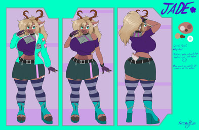 2_horns absolute_territory anthro antlers belt belt_buckle big_breasts biped black_belt black_collar black_nose blonde_eyebrows blonde_eyelashes blonde_hair blue_clothing blue_legwear blue_stockings blue_text bottomwear breasts brown_antlers brown_body brown_ears brown_fur brown_horn brown_inner_ear_fluff brown_tail buckle chain cleavage closed_smile clothed clothed_anthro clothed_female clothing cloven_hooves collar collar_ring color_swatch eyebrows eyelashes female female_anthro fingerless_gloves fingers fishnet_clothing fishnet_topwear footwear freckled_breasts freckled_chest freckled_face freckles fur gloves grey_clothing grey_legwear grey_stockings hair handwear high_heels hooved_fingers hooves horn huge_breasts inner_ear_fluff jacket legwear long_eyelashes long_hair midriff mouth_closed multicolored_clothing multicolored_legwear multicolored_stockings navel open_clothing open_jacket open_mouth open_topwear pattern_clothing pattern_legwear pattern_stockings pink_tongue ponytail pupils purple_clothing purple_gloves purple_handwear purple_shirt purple_topwear scut_tail shirt shoes short_tail skirt smile snout solo standing stirrup_legwear stirrup_stockings stockings striped_clothing striped_legwear striped_stockings stripes tail teal_bottomwear teal_clothing teal_eyes teal_footwear teal_jacket teal_shoes teal_skirt teal_topwear text tongue topwear tuft two_tone_clothing two_tone_legwear two_tone_stockings two_tone_tail white_inner_ear white_tail wide_hips kawma deer mammal new_world_deer reindeer 2026 absurd_res english_text handwritten_text hi_res model_sheet signature