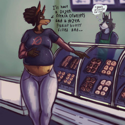 anthro bakery barbell_piercing belly belly_nipples big_belly black_body black_fur black_nose bottomwear brown_body brown_fur brown_hair clothing collar crop_top dessert dialogue doughnut duo ear_piercing ear_ring female food fur hair huge_belly humanoid_hands industrial_piercing jewelry male multi_nipple multicolored_body multicolored_fur nipples pastry piercing pregnant pregnant_anthro pregnant_female ring_piercing shirt standing text thought_bubble topwear two_tone_body two_tone_fur white_body white_fur moscoviumdraws merci_(moscoviumdraws) border_collie canid canine canis collie dobermann domestic_dog herding_dog mammal pastoral_dog pinscher sheepdog 2026 digital_drawing_(artwork) digital_media_(artwork) english_text hi_res