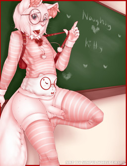 5_fingers anthro backpack balls biped border bottomless candy chalkboard clothed clothing dessert erection eyewear femboy fingers food foreskin fur genitals glasses hair heart_symbol humanoid_genitalia humanoid_penis information_board inner_ear_fluff inside legwear lollipop looking_at_viewer male nails on_one_leg open_mouth outside_border partially_retracted_foreskin pattern_clothing pattern_legwear penis pink_body pink_eyes pink_fur pink_hair pink_nose ribbons shirt short_hair smile solo spots standing stockings striped_clothing striped_legwear stripes sweater text thick_thighs topwear tuft sinfulwhispers15 domestic_cat felid feline felis mammal 2014 absurd_res digital_media_(artwork) english_text hi_res shaded