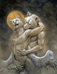 animal_genitalia anthro anthro_on_anthro athletic athletic_anthro balls biped claws duo eyes_closed fangs feathered_wings feathers fondling fur genitals grey_body grey_fur hug looking_pleasured male male/male moon navel nude open_mouth outside penis penis_tip sheath sheath_fondling sheath_play sky standing teeth waist_grab wings hibbary angel canid canine canis domestic_cat domestic_dog fallen_angel felid feline felis hybrid mammal portrait three-quarter_portrait