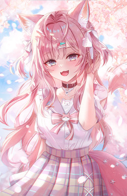:d accessory ahoge anthro asian_clothing bangs blue_eyes blunt_bangs blush blush_lines bottomwear breasts cherry_blossom choker clothing day east_asian_clothing fangs female flower hair hair_accessory hair_ribbon hairclip hand_in_hair inner_ear_fluff japanese_clothing japanese_school_uniform jewelry long_hair looking_at_viewer necklace open_mouth outside pattern_bottomwear pattern_clothing pattern_skirt petals pink_bow pink_hair pink_ribbon plaid plaid_bottomwear plaid_clothing plaid_skirt plant pleated_skirt prunus_(flower) ribbons sailor_collar school_uniform serafuku shirt short_sleeves skirt smile smiling_at_viewer solo tail teeth topwear touching_hair tuft two_side_up uniform white_clothing white_shirt white_topwear starlip hololive vtuber koyori_hakui animal_humanoid canid canid_humanoid canine canine_humanoid coyote_humanoid humanoid mammal mammal_humanoid tailed_humanoid absurd_res digital_drawing_(artwork) digital_media_(artwork) hi_res