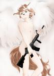 anthro ar-15 ar_platform brown_hair feathered_wings feathers femboy green_eyes gun hair holding_gun holding_object holding_ranged_weapon holding_rifle holding_weapon male nipples nude ranged_weapon rifle solo stoner_rifle weapon wings nukisan_wolf angel canid canine canis domestic_dog mammal hi_res