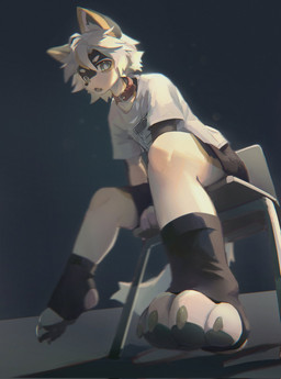 4_toes adolescent anthro bangs biped bottomwear chair claws clothing collar cute_fangs fangs feet foot_focus footwear foreshortening fur furniture grey_background hair kemono light looking_at_viewer low-angle_view male male_anthro multicolored_body open_mouth pawpads paws shirt short_hair shorts simple_background sitting socks solo stirrup_socks t-shirt tail teeth toe_claws toeless_footwear toes topwear white_hair young young_anthro young_male micrk canid canine canis domestic_dog mammal shiba_inu spitz 2024 digital_media_(artwork) digital_painting_(artwork) full-length_portrait hi_res lighting painting_(artwork) portrait