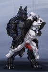 abs anal animal_genitalia anthro athletic baeo bdsm bodysuit canid canine canis claws clothing collar duo genitals knot latex male male/male mammal metal_collar muscular pecs penis rwolf skinsuit sonic_wolfe standing suspension tight_clothing wolf