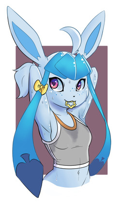 accessory anthro anthrofied arms_above_head blue_hair bodily_fluids bow_(feature) bra clothing exercise female hair hair_accessory hairband pokemorph ponytail purple_eyes solo sports_bra sweat tying_hair underwear workout yellow_bow frostynoten nintendo pokemon fan_character flurry_(character) eeveelution generation_4_pokemon glaceon pokemon_(species) absurd_res half-length_portrait hi_res portrait