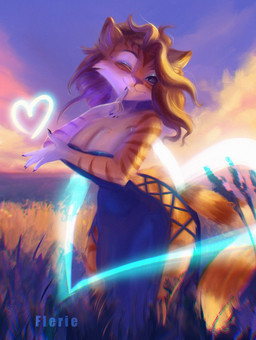 anthro big_breasts blue_clothing blue_dress breasts clothing detailed_background dress female flirting looking_at_viewer magic one_eye_closed playful smile smiling_at_viewer solo stripes sunset wink winking_at_viewer flerie felid mammal pantherine tiger