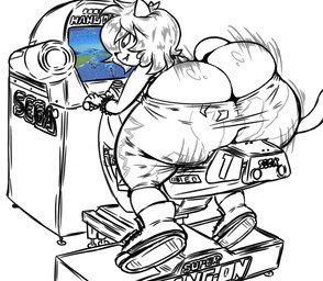 anthro arcade_machine big_butt bottom_heavy bracelet butt butt_cleavage butt_jiggle clothing femboy huge_butt jewelry jiggling male motion_lines motorcycle shirt solo tank_top thick_thighs topwear vehicle ultimateshadow sega super_hang-on domestic_cat felid feline felis mammal hi_res