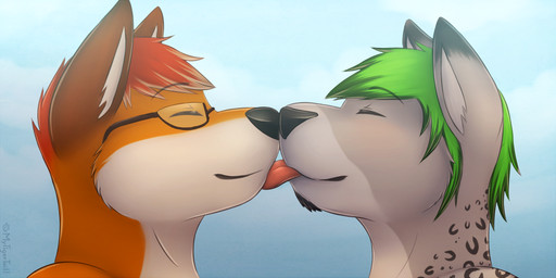 anthro countershading duo eyes_closed eyewear glasses licking male smile tongue tongue_out mytigertail canid canine fox mammal 2015 2:1