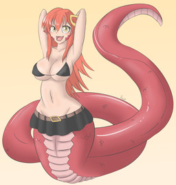 apode bikini bikini_top black_bottomwear black_clothing black_skirt blush bottomwear breasts clothed clothing cute_fangs fangs female fully_clothed gradient_background hair hands_behind_head legless long_hair long_tail looking_at_viewer monster_girl_(genre) nipple_outline open_mouth red_body red_hair red_scales scales serpentine simple_background skirt smile solo split_form standing swimwear tail teeth two-piece_swimsuit ventral_scales wide_hips yellow_background yellow_eyes ravirr monster_musume miia_(monster_musume) animal_humanoid draconcopode humanoid lamia reptile reptile_humanoid scalie scalie_humanoid snake snake_humanoid 2020 absurd_res full-length_portrait hi_res portrait