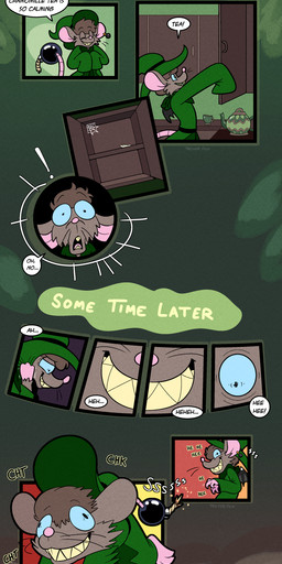 anthro blue_sclera brown_body brown_fur brown_hair cabinet clothing comic_panel dialogue ear_piercing ear_ring fur green_clothing green_eyes hair hat headgear headwear jewelry male piercing ring_piercing sharp_teeth solo speech_bubble tail teapot teeth text witch_hat respecies mammal mouse murid murine real_bombchu rodent comic english_text hi_res