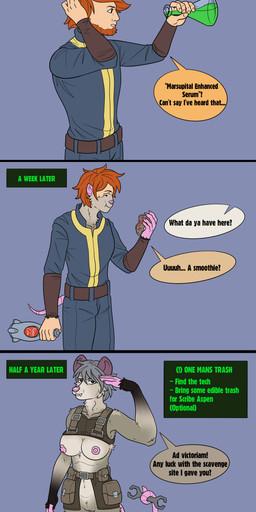 anthro breasts clothed clothing dialogue drinking engineer_(profession) erection female fur gender_transformation genitals hair human_to_anthro looking_at_viewer male mid_transformation military military_uniform mtf_transformation nipples nude nude_anthro nude_female potion potion_bottle prehensile_tail simple_background soldier solo species_transformation speech_bubble tail text time_skip transformation transformation_potion transformation_sequence trash uniform warrior kiri-anko fallout microsoft american_opossum human mammal marsupial virginia_opossum absurd_res comic english_text hi_res sequence
