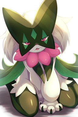 3_fingers ambiguous_anthro ambiguous_gender anthro biped fingers flesh_fang flower fur green_body green_fur half-closed_eyes kneeling leaf light looking_at_viewer multicolored_body narrowed_eyes nude nude_ambiguous nude_anthro open_mouth paws pink_eyes pink_flower pink_nose pink_tongue plant pupils slit_pupils solo tongue white_body white_fur rumine nintendo pokemon elemental_creature felid feline flora_fauna generation_9_pokemon mammal meowscarada pokemon_(species) 2026 2:3 hi_res lighting shaded