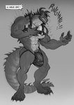 abs anthro biceps bulge claws dragon dragosaurius english_text harness hi_res horn male monochrome muscular muscular_anthro muscular_male mythological_creature mythological_scalie mythology nipple_piercing nipples pecs piercing reptile scalie simple_background solo species_transformation tail text transformation