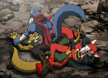 4_toes 5_fingers anthro bandage bandaged_arm barefoot black_cape black_clothing black_gloves black_handwear blue_body blue_fur boots bottomwear brown_boots brown_bottomwear brown_clothing brown_footwear brown_pants cape claws clothing feet fingers foot_fetish foot_focus foot_lick footwear fur gloves green_bottomwear green_clothing green_pants group handwear licking male pants pawpads pinned pinned_to_ground red_body red_boots red_clothing red_footwear red_fur red_scarf scarf shoes tail tickle_torture tickling tickling_feet toe_claws toes tongue trapped trio yellow_body yellow_fur foot-paws dragon_ball dragon_ball_super basil_(dragon_ball) bergamo lavender_(dragon_ball_super) trio_de_dangers canid canine canis mammal wolf hi_res