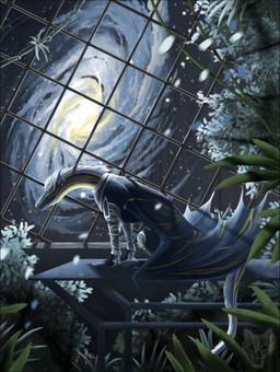 black_border border claws clothed clothing detailed_background feral galaxy membrane_(anatomy) membranous_wings plant solo space tail wings oneminutesketch european_mythology mythology dragon mythological_creature mythological_scalie scalie western_dragon 2015 digital_media_(artwork) hi_res