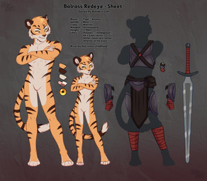 anthro featureless_crotch male melee_weapon solo standing striped_body stripes sword text weapon yellow_eyes rukifox felid mammal pantherine tiger absurd_res english_text hi_res model_sheet url