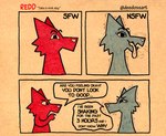 ambiguous_gender anthro bodily_fluids cardboard dialogue duo heart_nose heart_symbol simple_coloring simple_eyes simple_face steam sweat text tongue tongue_out worried deedoss redd_(deedoss) canid canine canis fox mammal wolf comic english_text hi_res