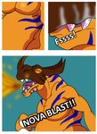 anthro male muscular nude solo text transformation rex_equinox bandai_namco digimon digimon_(species) greymon scalie 2012 absurd_res comic english_text hi_res