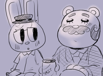 accessory anthro blush chibi clothed clothing duo facial_hair hat headgear headwear humanoid_hands male mustache necktie shirt simple_background sitting topwear cubert animal_crossing nintendo beardo_(animal_crossing) o'hare_(animal_crossing) bear lagomorph leporid mammal rabbit 2020 hi_res