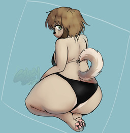 anthro bikini black_clothing black_swimwear blush blush_lines butt clothing female kneeling pose rear_view simple_background solo swimwear two-piece_swimsuit cqkey.art pip_(cqkey.art) canid canine mammal absurd_res colored hi_res pinup shaded