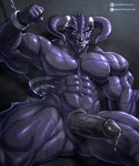 abs anthro bodily_fluids bound chain chained cuff_(restraint) dragon_horn dragon_tail dripping erection facial_piercing genital_fluids genitals horn humanoid_genitalia humanoid_penis leaking_penis leaking_precum looking_at_viewer male muscular muscular_anthro muscular_arms muscular_male muscular_thighs nose_piercing nude nude_male pecs penis piercing precum precum_drip purple_body purple_eyes purple_skin restraints sharp_teeth smile smiling_at_viewer solo teeth johnthelewd_art mythology dragon mythological_creature mythological_scalie reptile scalie 5:6