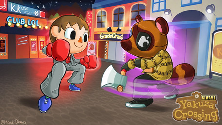 axe bottomwear boxing_gloves building clothing cosplay crossover_cosplay duo eye_patch eyewear fight footwear handwear melee_weapon pants shoes suit text weapon moskidraws animal_crossing nintendo sega yakuza_(series) goro_majima isabelle_(animal_crossing) kazuma_kiryu tom_nook_(animal_crossing) villager_(animal_crossing) canid canine human mammal raccoon_dog tanuki 16:9 crossover hi_res widescreen