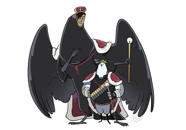 4_fingers 4_toes ambiguous_gender anisodactyl anthro back_wings bandolier beak belt_pouch black_body black_clothing black_feathers black_fingerless_gloves black_gloves black_hair black_handwear black_topwear black_vest blue_clothing blue_shirt blue_topwear bottomwear brown_body cape closed_smile clothed clothed_anthro clothed_feral clothed_male clothing dot_eyes duo feathered_wings feathers feet feral fingerless_gloves fingers front_view fully_clothed fully_clothed_anthro fully_clothed_male furrowed_eyebrows gloves grey_body grey_bottomwear grey_clothing grey_pants hair hands_on_own_hips handwear holding_object holding_staff humanoid_face looking_at_another male monotone_body monotone_feathers mouth_closed onomatopoeia open_beak open_mouth pants red_cape red_clothing rosy_cheeks royalty semi-anthro shirt simple_background simple_eyes smile sound_effects spread_wings staff tail tail_feathers text thin_eyebrows toes topwear vest wearing_crown white_background white_body white_cape white_clothing white_wraps wings wraps wrist_wraps ninetheowl team_fortress_2 valve heavy_(team_fortress_2) medic_(team_fortress_2) avian bird 2025 artist_name digital_drawing_(artwork) digital_media_(artwork) english_text full-length_portrait hi_res portrait male_(lore)