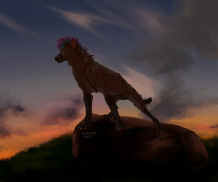 animal_genitalia balls blue_hair detailed_background ear_piercing feral genitals hair male muscular muscular_feral muscular_male paws penis penis_tip piercing purple_hair rock sheath sky solo sunset msdeadsoul zephyr_(zephyr_the_yeen) hyena mammal spotted_hyena