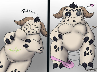 anthro belly breasts clothing female fur genitals gradient_background heart_symbol horn lying multi_eye nude on_back onomatopoeia panties pooping rumbling_stomach simple_background sleeping solo sound_effects spikes spikes_(anatomy) text toilet underwear vore vowelless vowelless_sound_effect vulva white_body white_fur zzz scottglass monster 4:3 artist_name hi_res