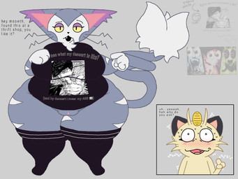 anthro big_breasts big_butt black_clothing bodily_fluids breasts butt clothing coin dipstick_ears duo ear_markings female flustered fur genitals gesture grey_body grey_fur hand_gesture legwear male male/female markings meme_shirt motion_lines multicolored_ears neck_tuft noticing onomatopoeia overweight pointing pointing_at_self purple_ear_tips shaking sound_effects sweat tan_body tan_fur text text_on_clothing thick_thighs thigh_highs trembling tuft vulva white_body white_fur yellow_eyes domlol jujutsu_kaisen meme_clothing nintendo pokemon gubby_(roblox) ryu_ishigori uro_takako yuta_okkotsu generation_1_pokemon generation_4_pokemon meowth pokemon_(species) purugly 4:3 colored english_text hi_res meme
