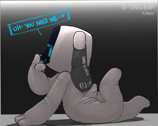 ambiguous_gender anthro gradient_background heart_after_text latex latex_body looking_at_viewer lying machine nude on_front on_ground screen screen_face side_view simple_background solo speech_bubble suggestive_pose text white_body presto_(artist) project_c.a.t.s proto_(cats_project) robot robot_anthro absurd_res artist_name english_text hi_res